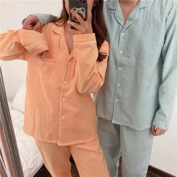 

Autumn and winter new women's Plaid pajamas long sleeve Korean couple casual casual casual home wear two piece suit