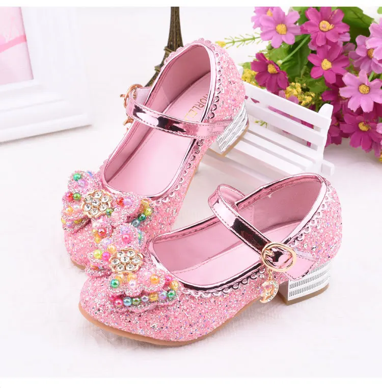 Children Princess Leather Shoes student dance shoes Girls High Heel Sandals Dress Kids Leather Glitter Crystal Shoes Banquet