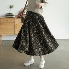Женская юбка из хлопка ретро винтажный принт Элегантная мода для осени длинная свободная эластичная талия юбка AZ28292718