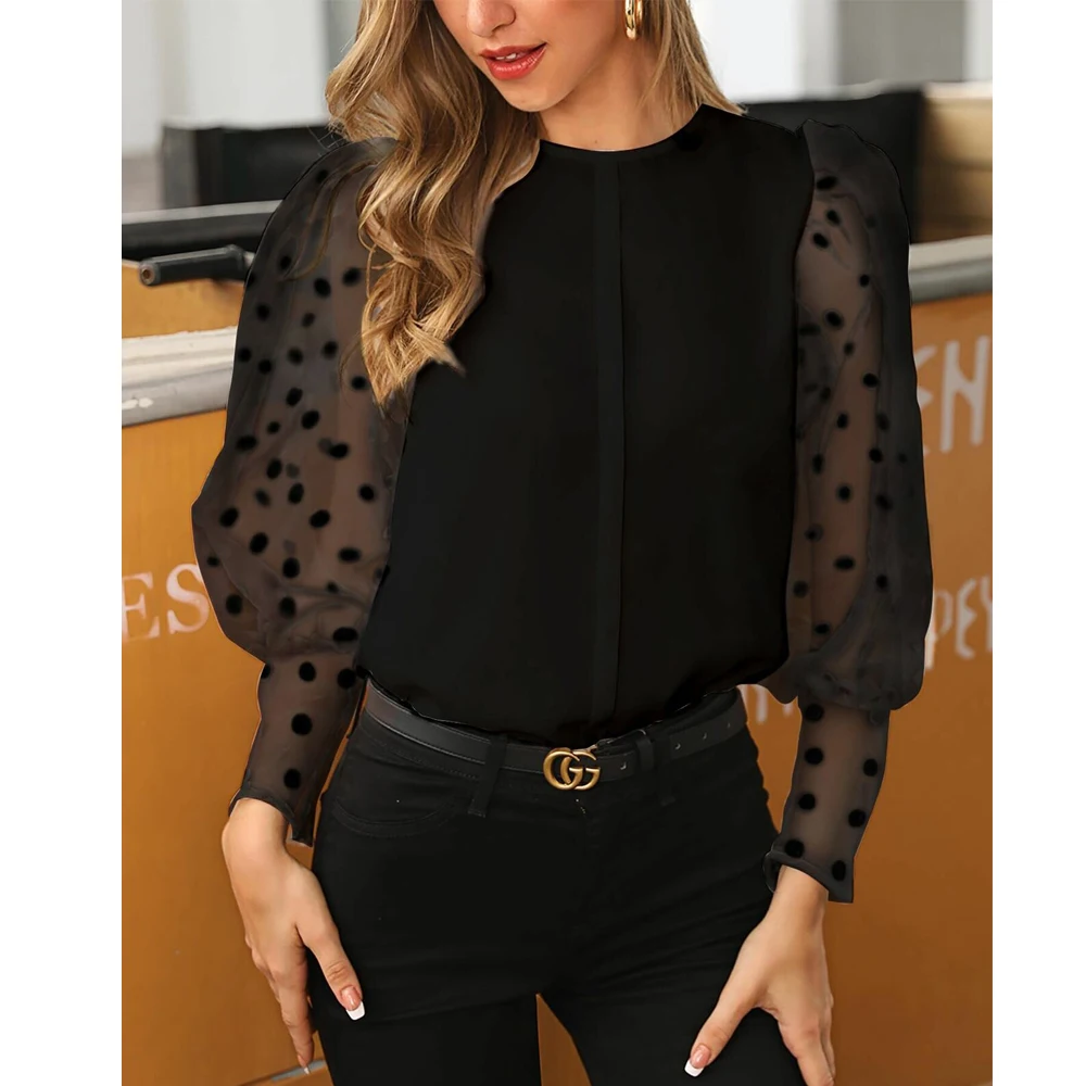 See-through Women Mesh Sheer Blouse Top Shirts o-neck Lace Puff Sleeve Tops Woman Summer Casual Blouses Female