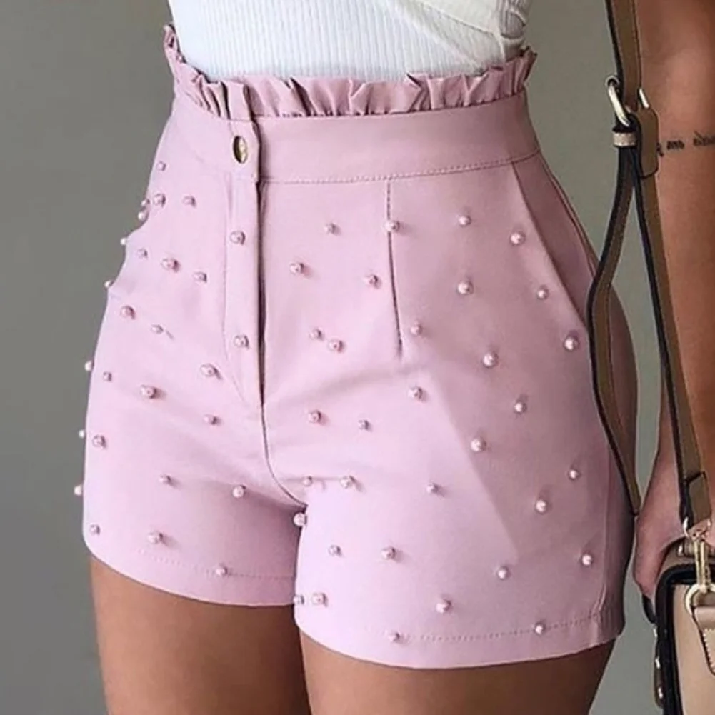 Calções de Verão Feminino com Folhos Nova Moda Sólida Cintura Alta Botões Contas Verão 2022 Cor 1 Home & Garden