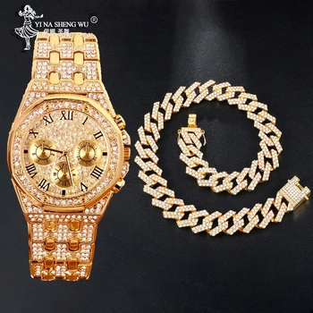 

Hip Hop Necklaces & Watch Combite Set Gold Color Heavy Full Iced Out Paved Rhinestones Cuban Chain CZ Bling Men Rapper Jewelry