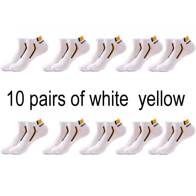 10 Pair High Quality Men Ankle Socks Breathable Cotton Sports Socks Mesh Casual Athletic Summer Thin Cut Short Sokken Size 38-48 10 white yellow