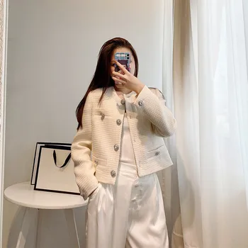 

2020 New arrival women autumn jackets High quality crystal buttons white O-neck Short coat C451
