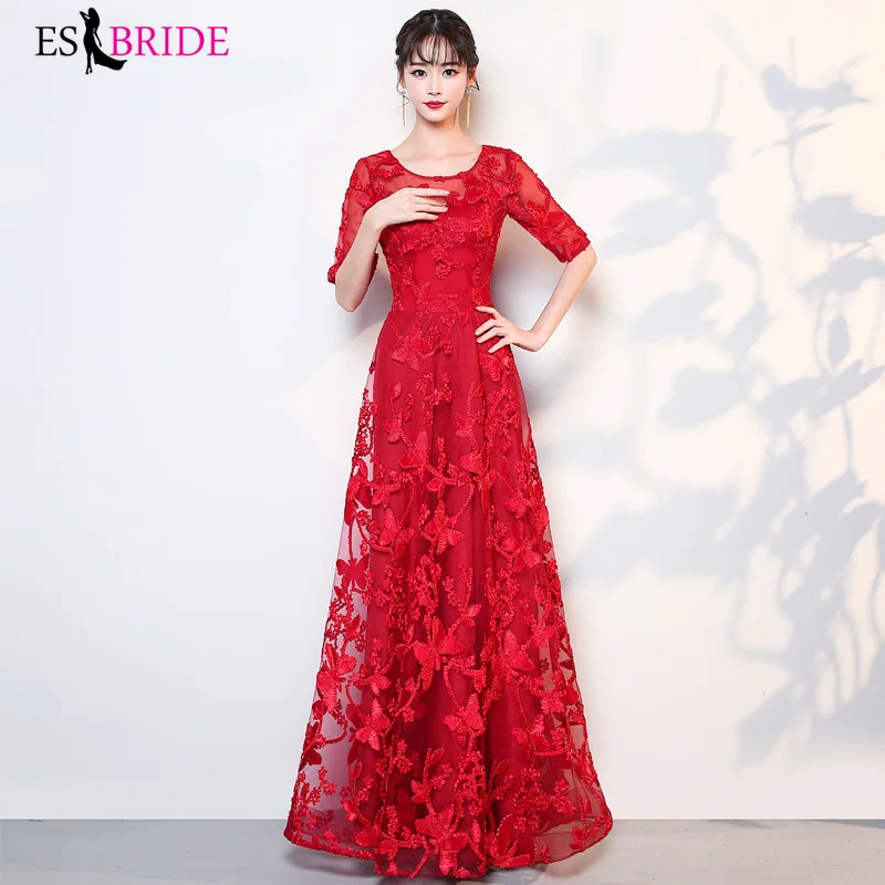 

2019 New Arrival Red Evening Dresses Long ES30102 A Line Half Sleeves Elegant Formal Gowns for Wedding Party Morther