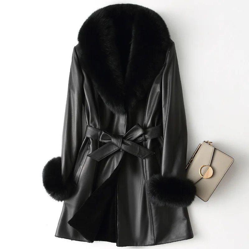 

Women's Real Fur Coat Autumn Winter Sheepskin Coat Female Women Clothes 2020 Fox Fur Collar Genuine Leather Jacket Tops ZT4134