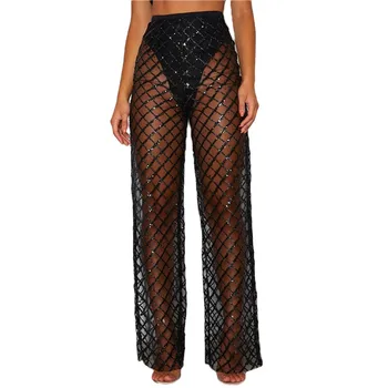 

Fashion Women Crochet Beach Wide Leg Pants Lace See Through Swimwear Beach Casual Loose Sexy Club Trousers