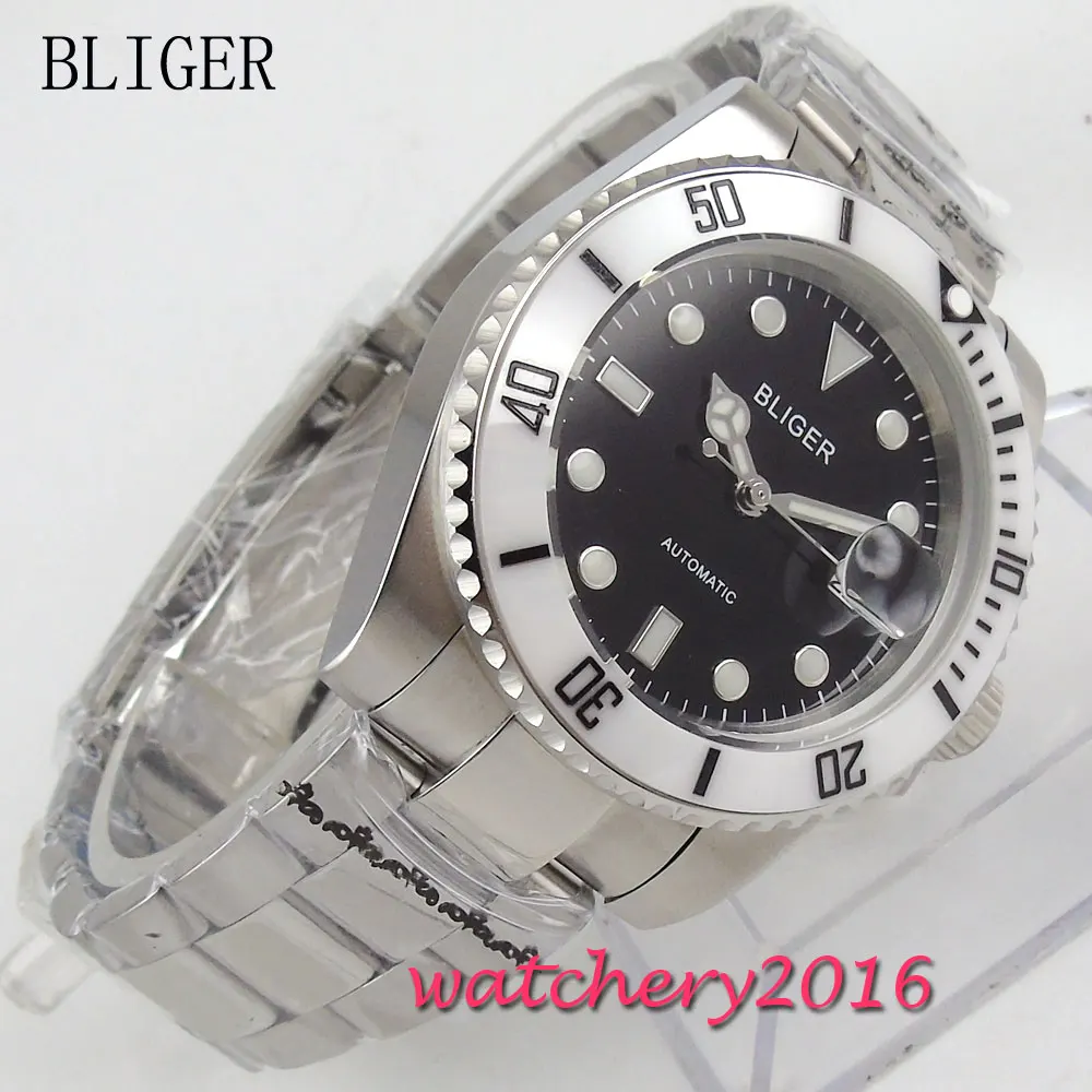 

40mm BLIGER Black Color dial ceramic bezel Deployment Luminous sapphire crystal date automatic mens watch