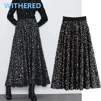 

Dave&Di england elegant vintage Sequins pearl high waist A-line sexy midi skirt women faldas mujer moda 2020 long skirts womens