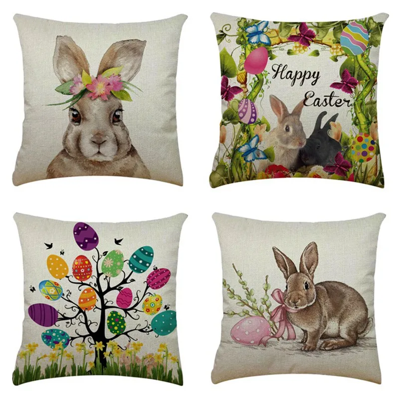 

Square Cotton Linen Cushion Cover Easter Festival Rabbit Eggs Pillowcase Throw Waist Pillow Covers Pillow Case Home Decorative