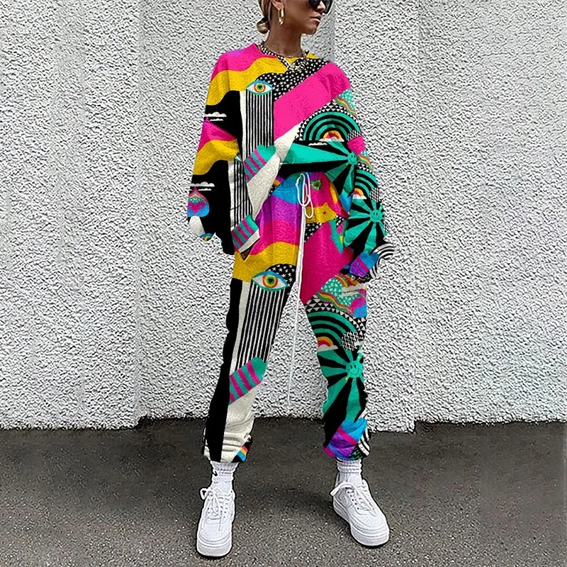 Abstract Female Print Pattern 2 Piece Set Fashion Casual O Neck Tops and Loose Pants Workout Sets 2021 Spring Autumn Streetwears |