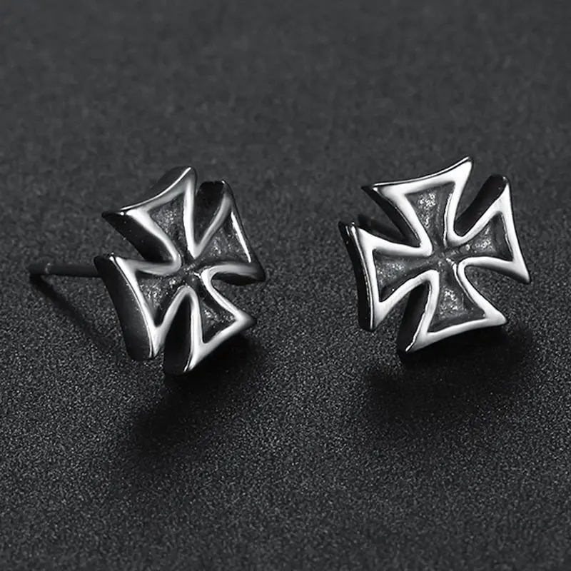 Drop Shipping Punk 316L Stainless Steel Knights Templar Iron Cross Stud Earrings 5