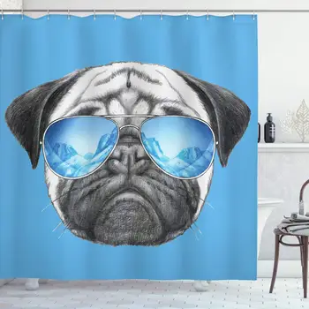 

Pug Shower Curtain, Pug Portrait with Mirror Sunglasses Hand Drawn Illustration of Pet Animal Funny, Cloth Fabric Bathroom Decor