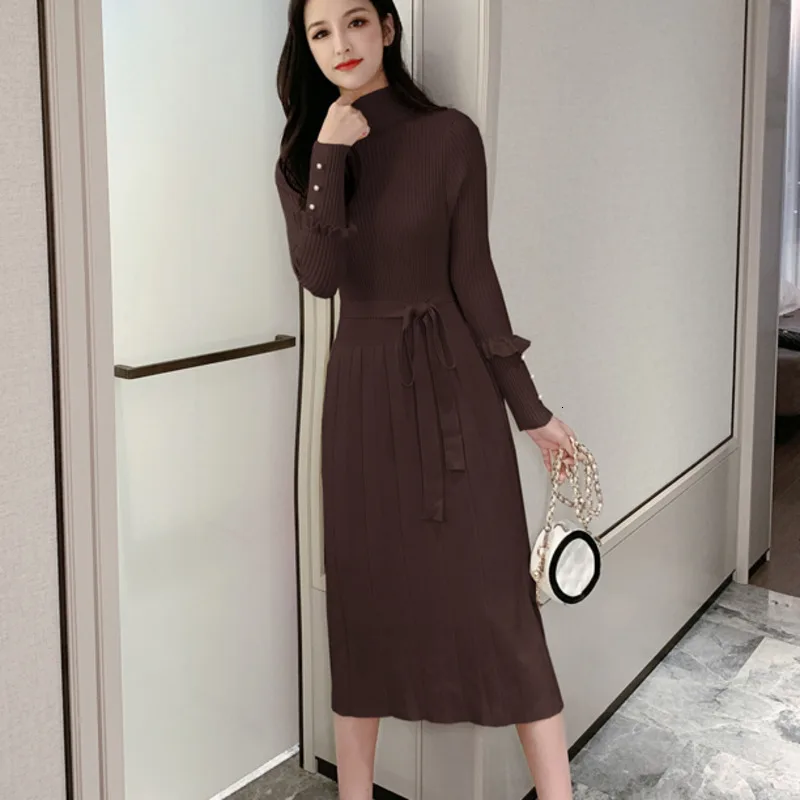 Весна Осень однотонные цветные ленты вязаный свитер миди платье vestido de festa офисные женские модные платья плиссированное платье для женщин