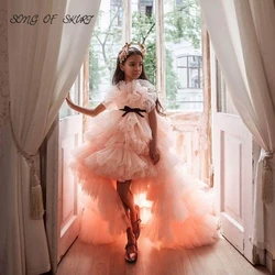 New Tulle Tiered Wending Flower Girl Cupcake Dresses High Low First Communion Princess Ball Gowns детские вечерние платья