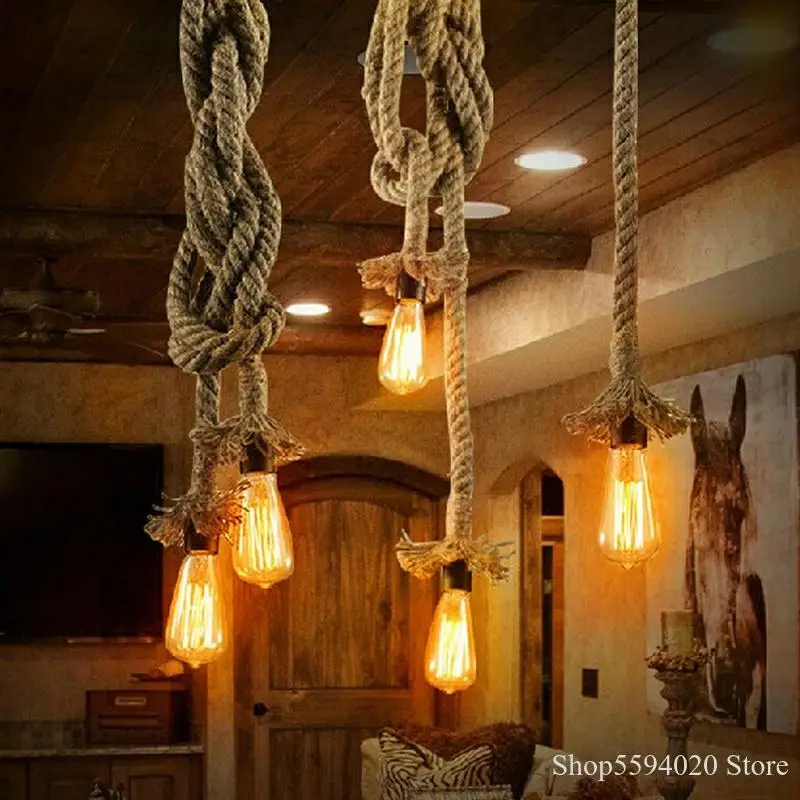 Retro Wire Hemp Rope Pendant Lights Bar DIY Creative Led Hemp Rope Pendant Lamp Vintage Loft Industrial Kitchen Lighting Fixture ► Photo 3/6