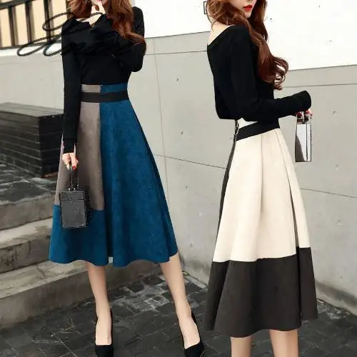 

Autumn Winter New 2019 Women Fashion Elegant Two Pieces Sets Female Round Neck Tops and Midi Skirt Set Ladies White Blue Suits