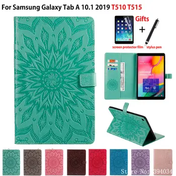 

SM-T510 Case Cover For Samsung Galaxy Tab A 10.1 2019 T510 T515 SM-T515 Funda Sun Embossed PU leather Stand Skin Shell +Gift