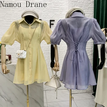 

2020 Summer New Korean Style Non-Mainstream Design Feeling Back Lace-up Slim Shirt Dress with Dungaree Dress Two-Piece Set
