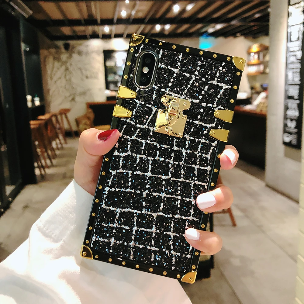 Блестящие металлические квадратные чехлы для iPhone 8 7 6 6s Plus X XR XS Max клетчатая блестящая пудра для Samsung Galaxy S8 S9 Plus Note 8 9 чехол