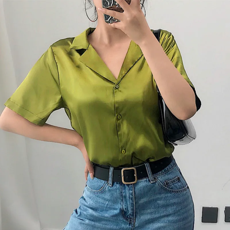 

summer Short sleeve women short Satin Shirt female Notched Collar short sleeve satin shirts tops Loose Casual Blouse tops
