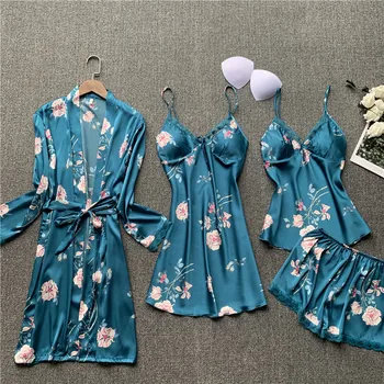 

4 Pieces Women Robe Gown Sets Lace Satin Sleepwear Summer Silk Bathrobe Nightwear Pyjama Short Sleep Robes Lounge Set