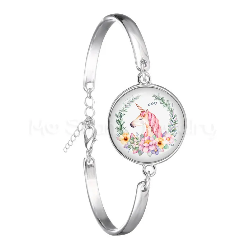 Unicorn Kawaii Horses 18mm Glass Cabochon Bracelet Jewely Gift For Kids Silver Planted Flower Garland Panter Animal Bangle | Украшения и