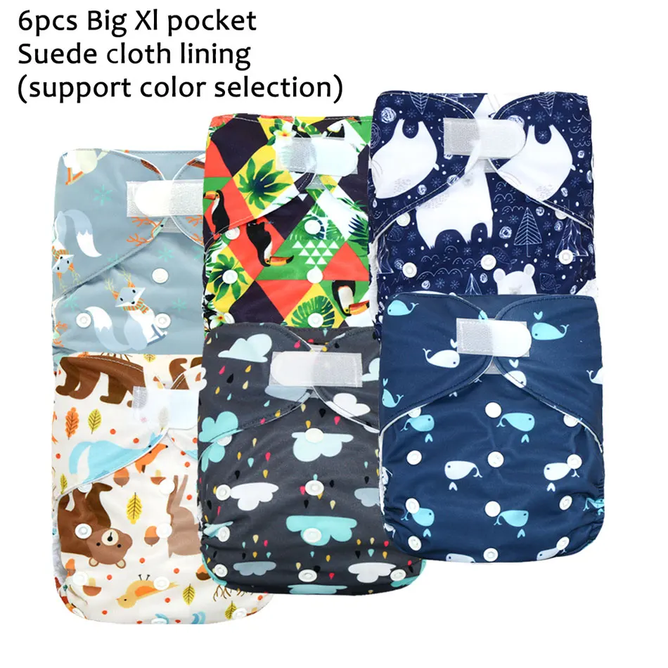 (6 pièces) HappyFlute Big XL poche couche pour bébé de 2 ans et plus, suedecloth intérieur, rester au sec, taille réglable convient à la taille 36-58cm (lot de 6)