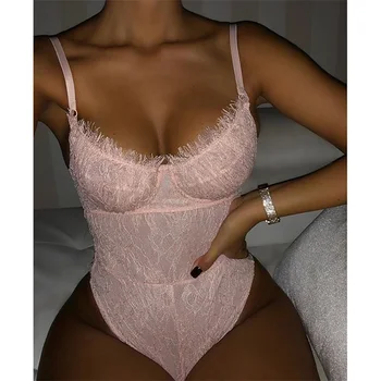 

DUOJIAOYAN Women sexy bodysuit hot transparent lace mesh lingerie teddy babydoll pink one piece for female