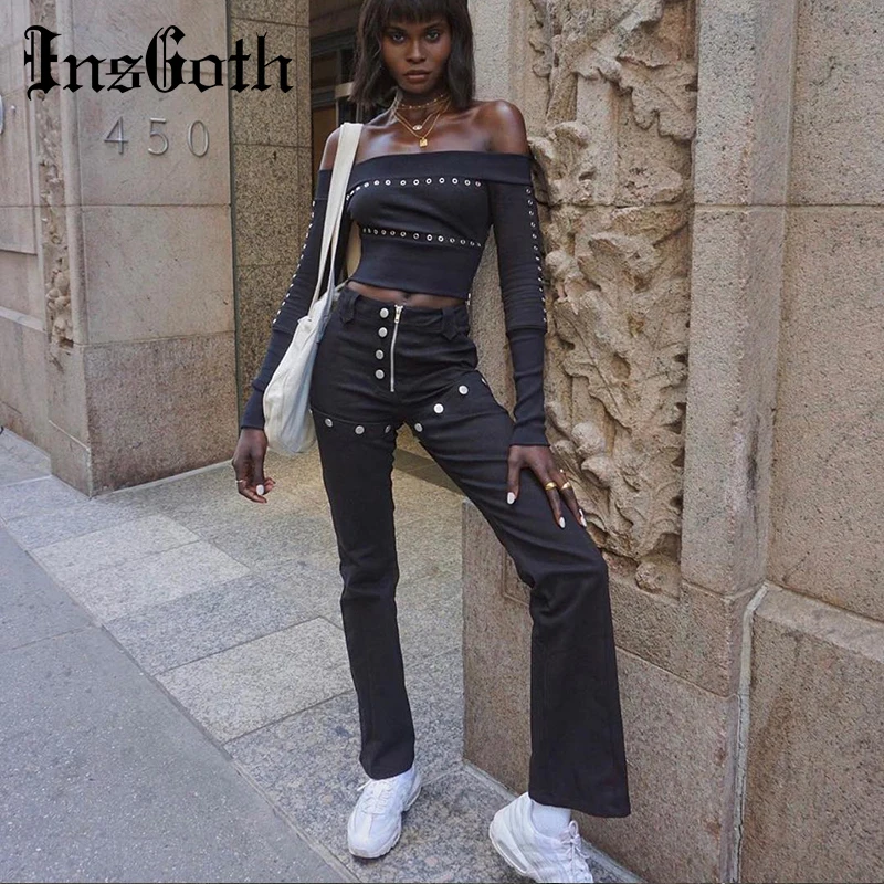 InsGoth повседневные винтажные расклешенные брюки женские уличные готические черные длинные брюки с высокой талией черные леггинсы облегающие брюки осенние