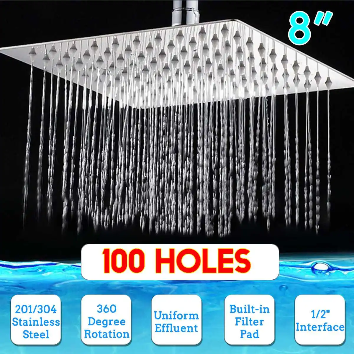 8 inch 304 Stainless Steel Shower Head 100 Holes Square Top Rainfall Head Shower Chromed Mirror Shower Faucet For Bathroom