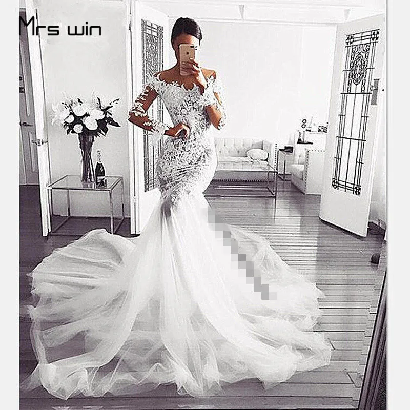 

Mrs win Wedding Dress Boat Neck Mermaid Wedding Dresses Elegant Long Sleeve Lace Vestido De Noiva Train Bridal Gowns HR013