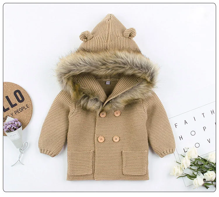 

2019 New Fashion Baby Sweater Coat Cute Fur Collar Animal Hooded Knitting Baby Coat Autumn Winter Warm Clothes For Baby Girl Boy