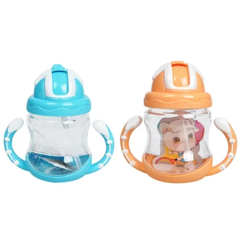 

2pcs 320Ml Baby Bottle Silicone Children Training Cups Baby Drinking Water Straw Handle Feeding Bottle - Orange & blue