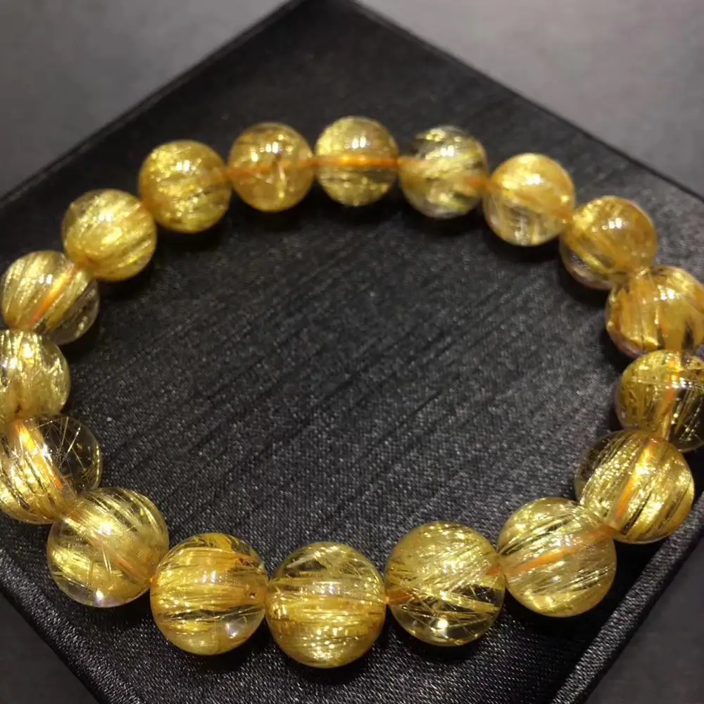 

11mm Natural Gold Rutilated Quartz Crystal Woman Man Bracelet Gemstone Clear Round Beads FAshion Stone Certificate AAAAAA