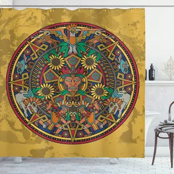 

Tribal Shower Curtain, Chaotic Design Image with Symbolic Items in Medallion Shape Ornate Print, Cloth Fabric Bathroom Decor Set
