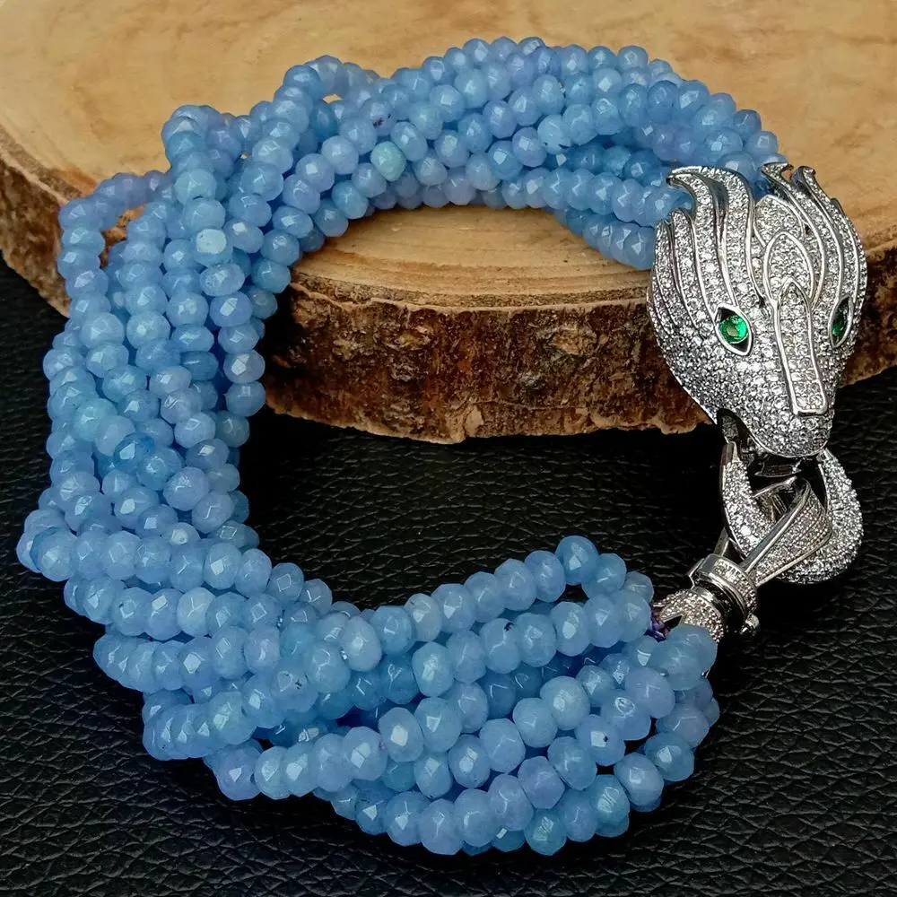 

8" 10 Strands Blue Rondelle Jade Bracelet Cz pave Dragon Clasp