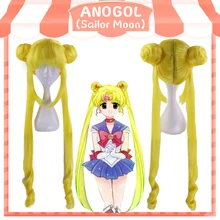 Anogol аниме Сейлор Мун длинные прямые Двойные косы лимон желтый блонд Синтетический Косплей парик для Хэллоуина Костюм