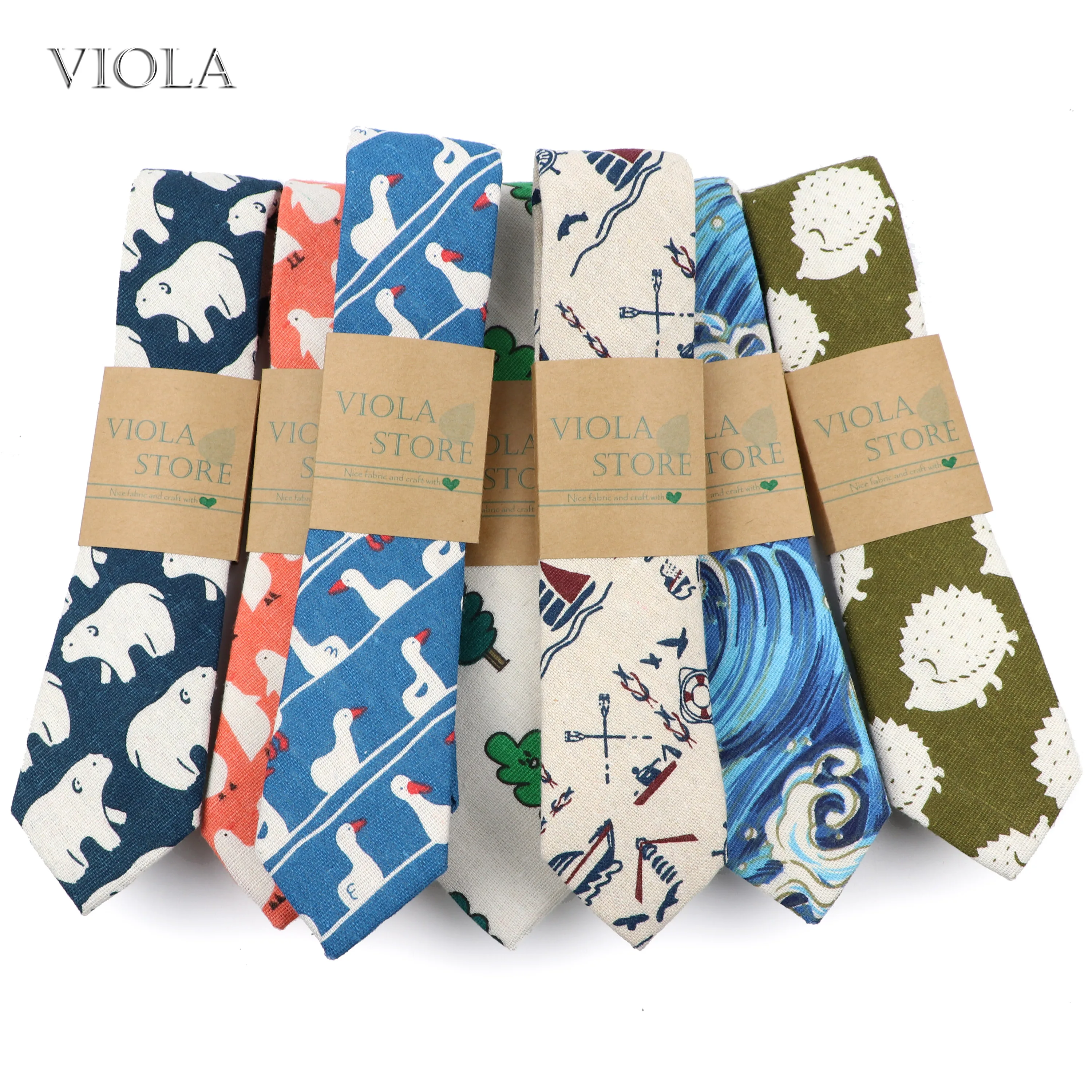 Cute Linen Cartoon Duck Cat Bear Tree 6cm Printed Funny Animal Tie Men Narrow Striped Slim NeckTie Gifts Cravat Accessories neck ties