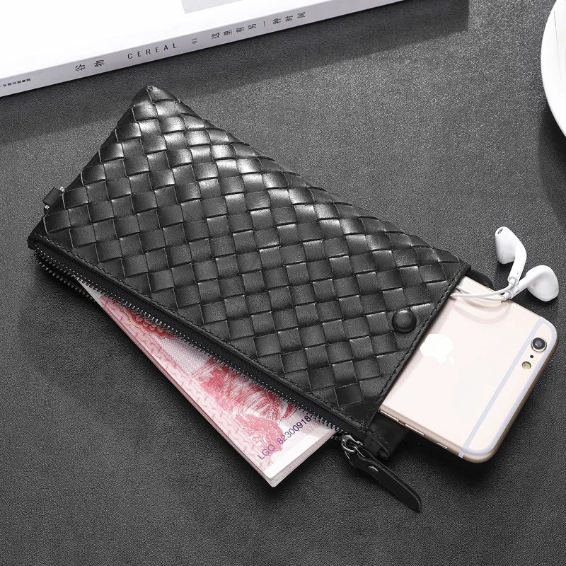 Wmnuo Brand Wallet Men Woven Genuine Leather Cow Coin Purse Card Holder Man Zipper Long Wallet For Men Famous Designed Hot