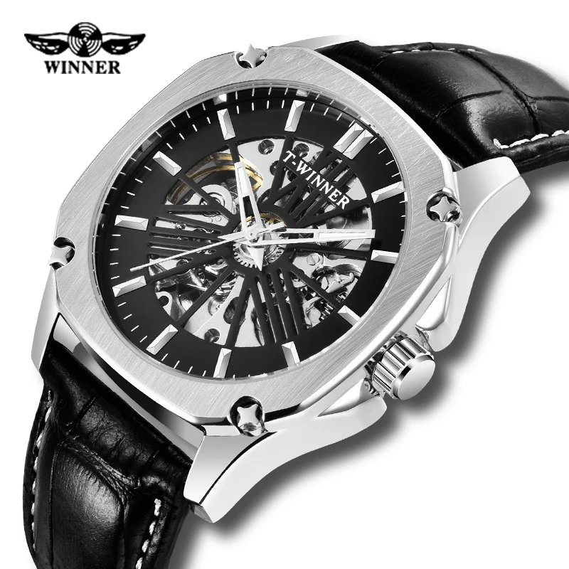 

T-WINNER Men Automatic Watch Casual Leather Strap Skeleton Mechanical Wristwatch Men Sport Watch Relogio Masculino