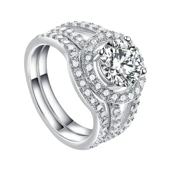 

7.5mm Lovely Rings Set 925 Sterling Silver Women Jewelry 750 White Gold Color Halo Luxury Engagement Ring Wedding Band TL-031