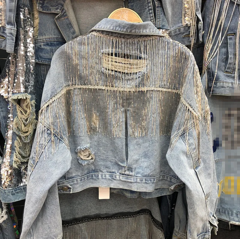 

Spring and Autumn Heavy Do Old Wash Water Bling Rhinestone Long Sleeve Denim Jacket Short Coat Women Students Casual Jean Jacket
