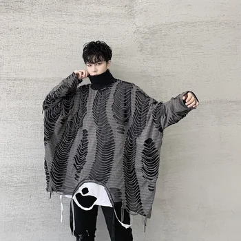 

Tassel hole Gothic Hip Hop Sweatshirt turtle neck punk Clothing Men Oversize Double Layers Turtleneck Loose Pullover Hoodie
