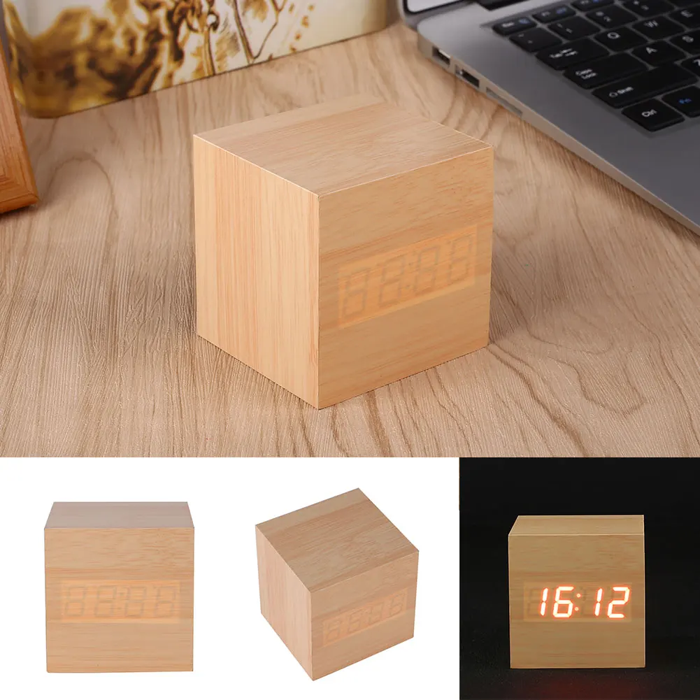 Cube Click Clock Gift Alarm-LED Display Wood Sound Activated Home Decor