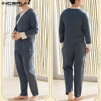

Cotton Men Pajamas Sets Kimono Patchwork Long Sleeve Homewear Sleepwear Pants V Neck Lace Up Cozy Men Nightwear Sets INCERUN