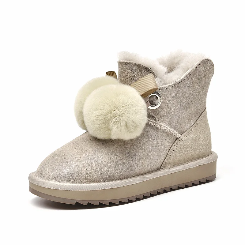 BeauToday Snow Boots Women Cow Suede Leather Round Toe Rabbit Hair Ball Decoration Ladies Winter Wool Ankle Boots Handmade 08018 - Цвет: Gray Apricot