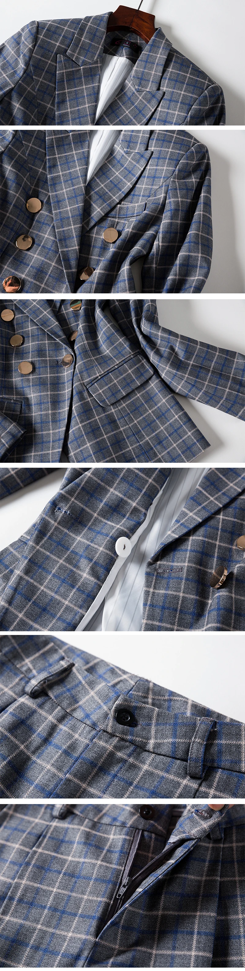 Women Girl Casual Pant Suits Purple Gray Plaid Blazer Jackets Set Suit Uniform Designs Style Jackets Coat and Pant 2 Pieces Set