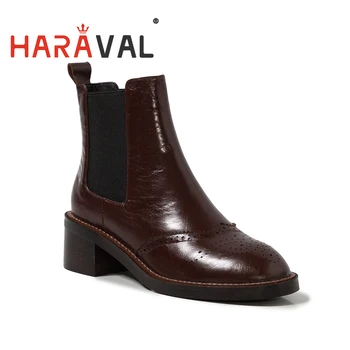 

HARAVAL Women Thick Heel Leather Ankle Boots Solid Black Brown Autumn Winter Lady Shoes Fashion Bussine Casual Shoes E206L