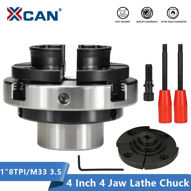 XCAN 4 Inch Wood Lathe Chuck Thread 1"8TPI M33x3.5 4 Jaw Self Centering